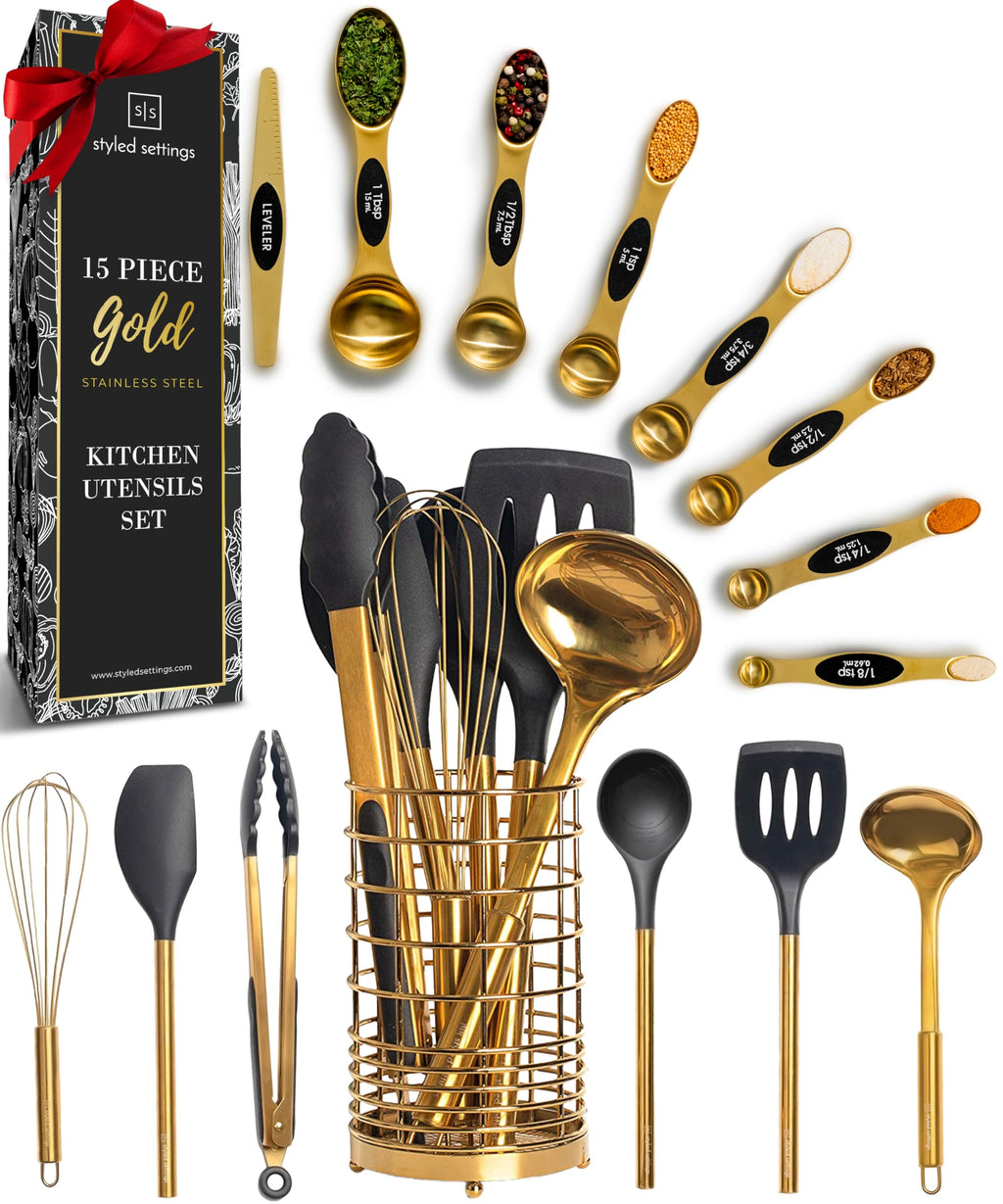 Styled Settings Black and Gold Kitchen Utensils Set – 15-Piece Cooking Set Includes Black Silicone Utensils, Gold Utensil Holder, and Magnetic Measuring Spoons – Stylish Kitchen Accessories