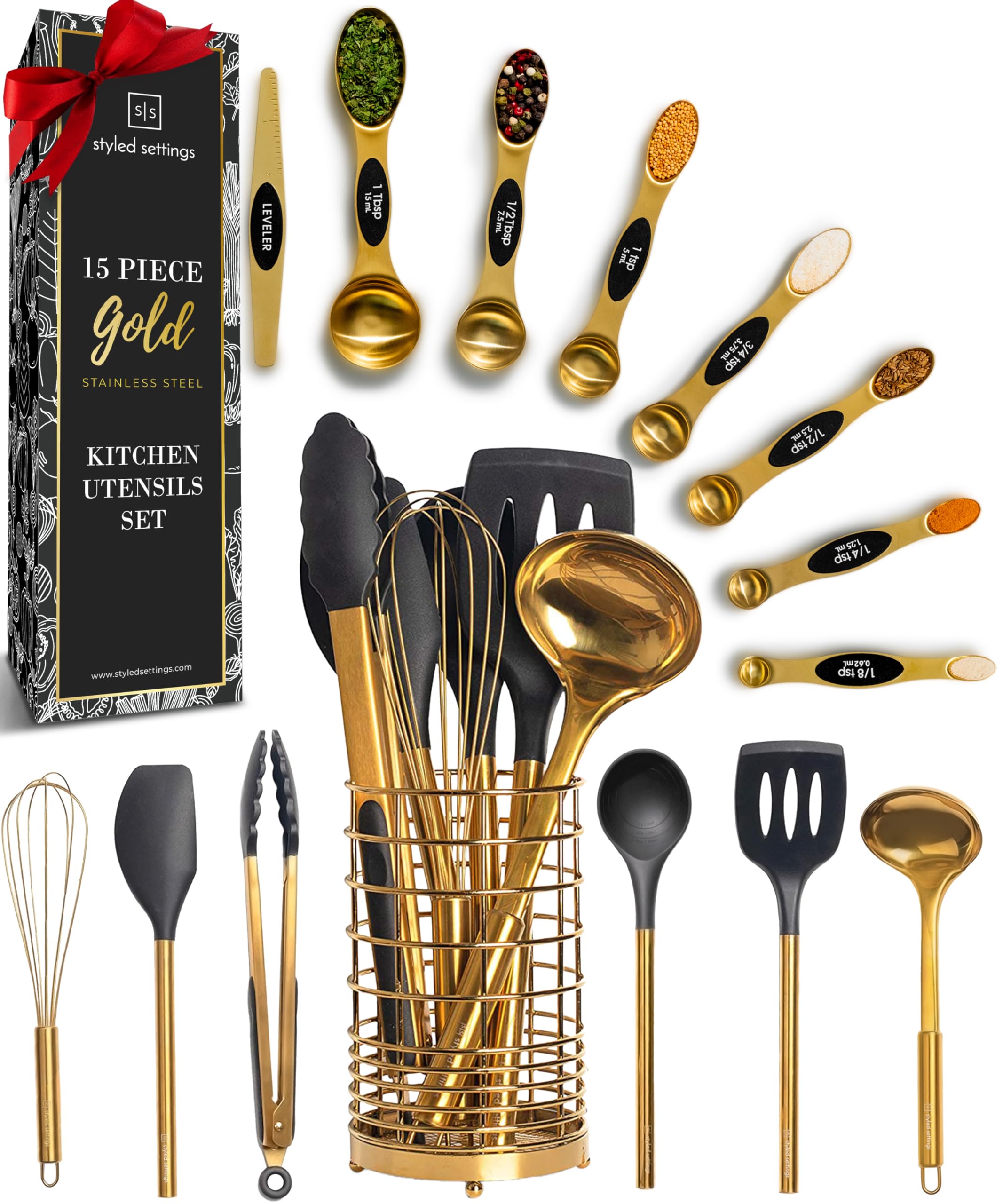 Styled Settings Black and Gold Kitchen Utensils Set – 15-Piece Cooking Set Includes Black Silicone Utensils, Gold Utensil Holder, and Magnetic Measuring Spoons – Stylish Kitchen Accessories