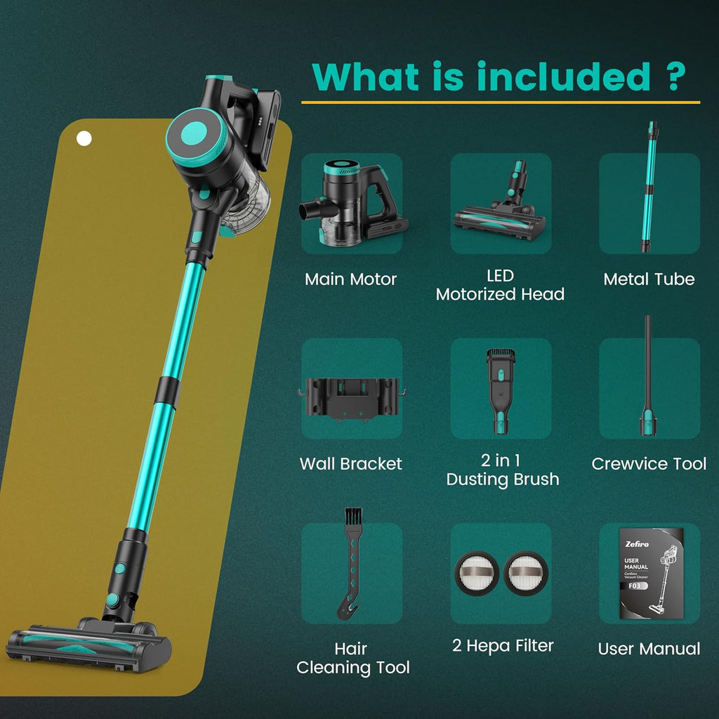 Zefiro 350W Cordless Vacuum Cleaner - 45 Minutes Runtime, Lightweight Design, 1.5L Dust Cup | Ideal for Hardwood Floors & Pet Hair (Green)
