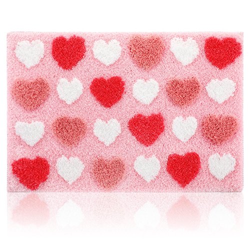 Tioncy Valentine's Day Bathroom Mat Tufted Pink Heart Bath Rug Soft Love Heart Red Pink White Bath Rugs Absorbent Non Slip Washable Mat for Bedroom Bathroom Valentine's Day Decor 16''x 24''