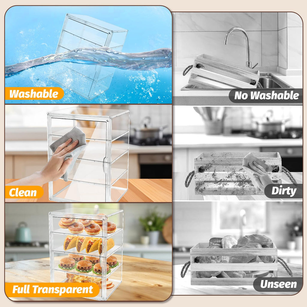 2PCS Pastry Display Case,Large Bakery Cookie Display Stand for Kitchen Countertop,4 Layers Adjustable Clear Bread Storage with Magnetic Door Bread Box and Cupcake Kitchen Counter 15.5x11.4x9.8 Inch