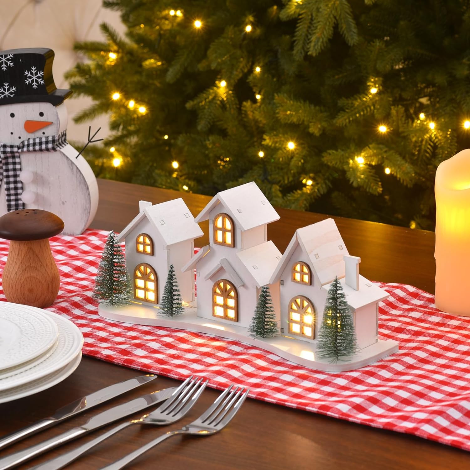White Christmas Village House Decoration - LED Lights & Wooden Centerpiece | Mini Winter Town Xmas Decor