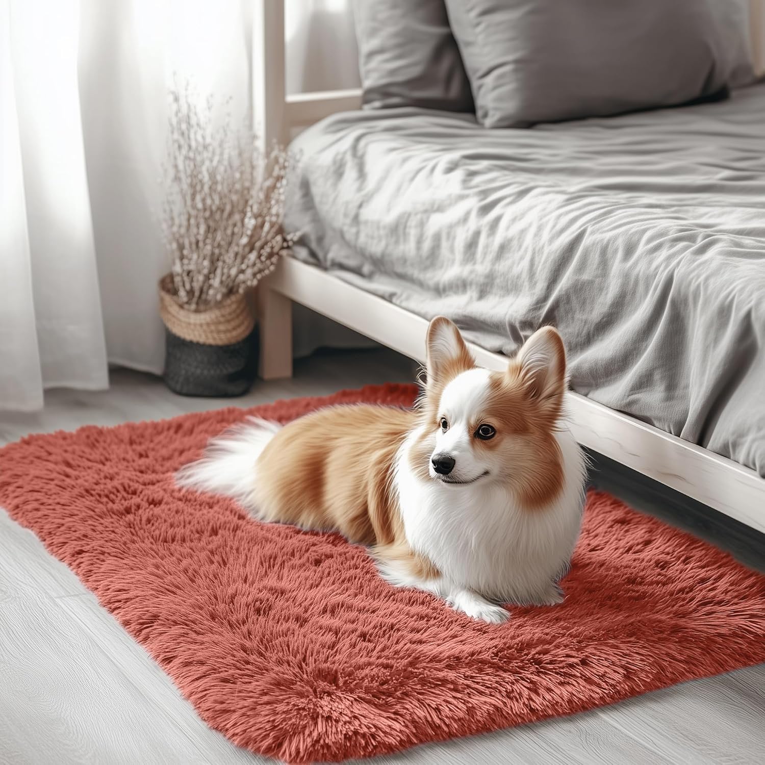 OLANLY Small Bedside Rug - Soft Fluffy Shaggy Throw Rug for Bedroom & Living Room | Rust Red