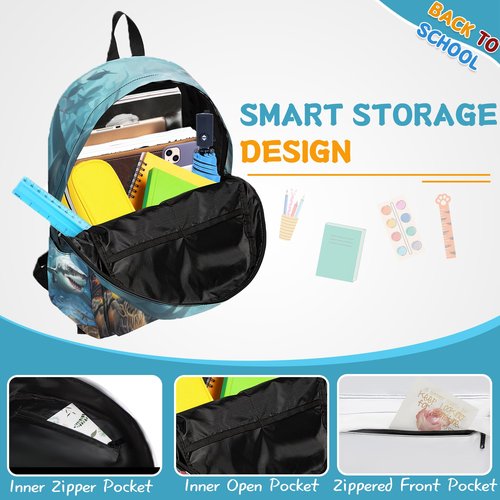 3PCS Shark Backpack Set for Boys, Large Lightweight 17 Inch Backpack with Lunch Box & Pencil Case for Kids, Back to School Bookbag for Elementary School