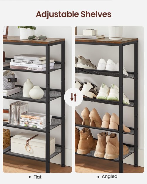 VASAGLE Shoe Rack for Entryway, 5-Tier Shoe Rack Organizer with Storage Shelves and Spacious Top, Freestanding, Adjustable, Industrial, Rustic Brown and Ink Black ULBS038B01