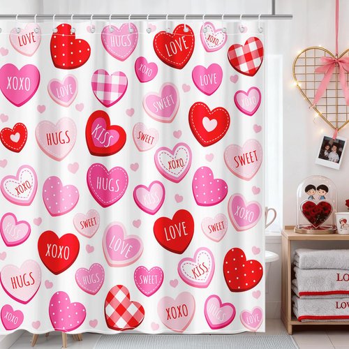 Lindameler Valentines Shower Curtain Cute Love Pink Hearts Shower Curtain for Valentines Day Decorations Waterproof Romantic Sweetheart Bathroom Decor Curtain, 72 X 72 Inch