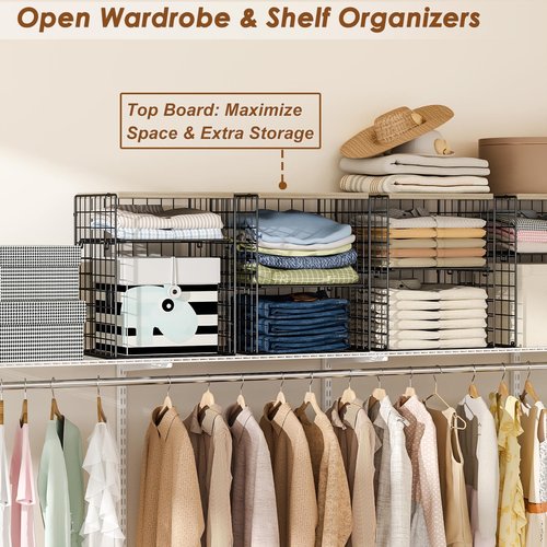 Hencawima 4-Tier Stackable Closet Organizers and Storage, Closet Shelves with Adjustable Dividers & Wood Top Extra Storage, Clothes Storage Basket Bins for Wardrobe, Closet Organizer System, Black