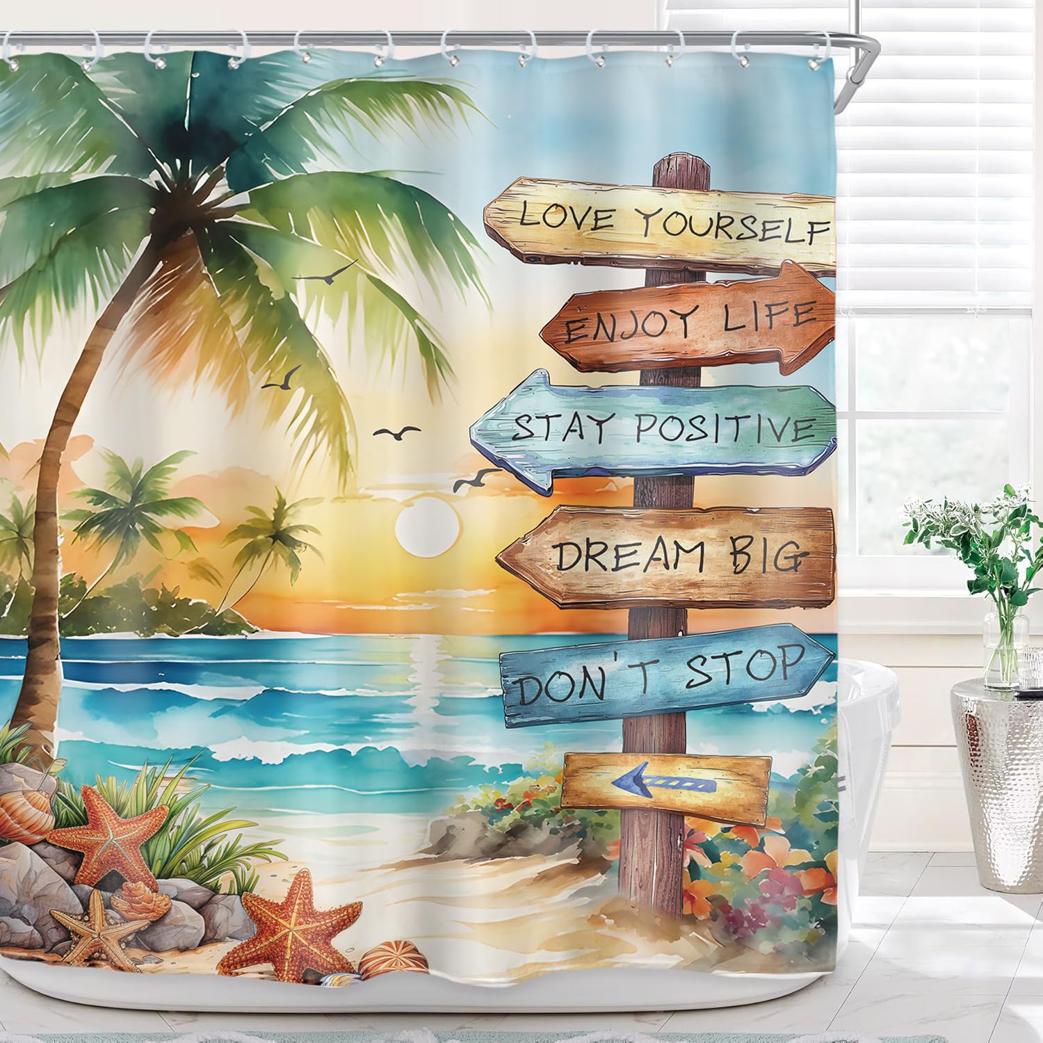 Riyidecor Tropical Beach Palm Tree Shower Curtain for Bathroom Decor 72Wx72H Ocean Quotes Coastal Sunset Watercolor Scenery Inspirational Art Printed Fabric Polyester Waterproof 12 Pack Plastic Hooks