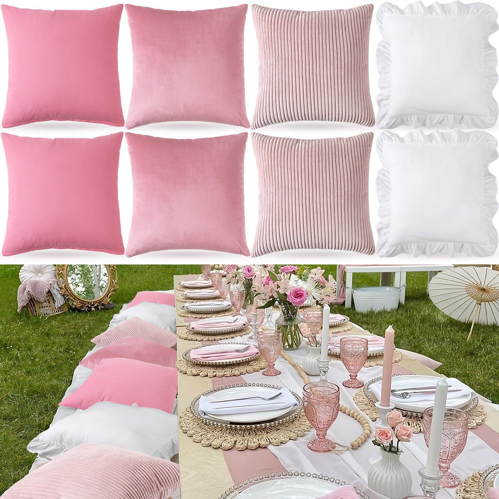 Yuntau Pink 8 Pcs Picnic Pillow Covers Only 18x18 Inch Boho Aesthetic Throw Cushion Cases Luxury Picnic for Summer Birthday Bachelorette Tea Party Brunch Beach Backyard Bed Sofa Decor