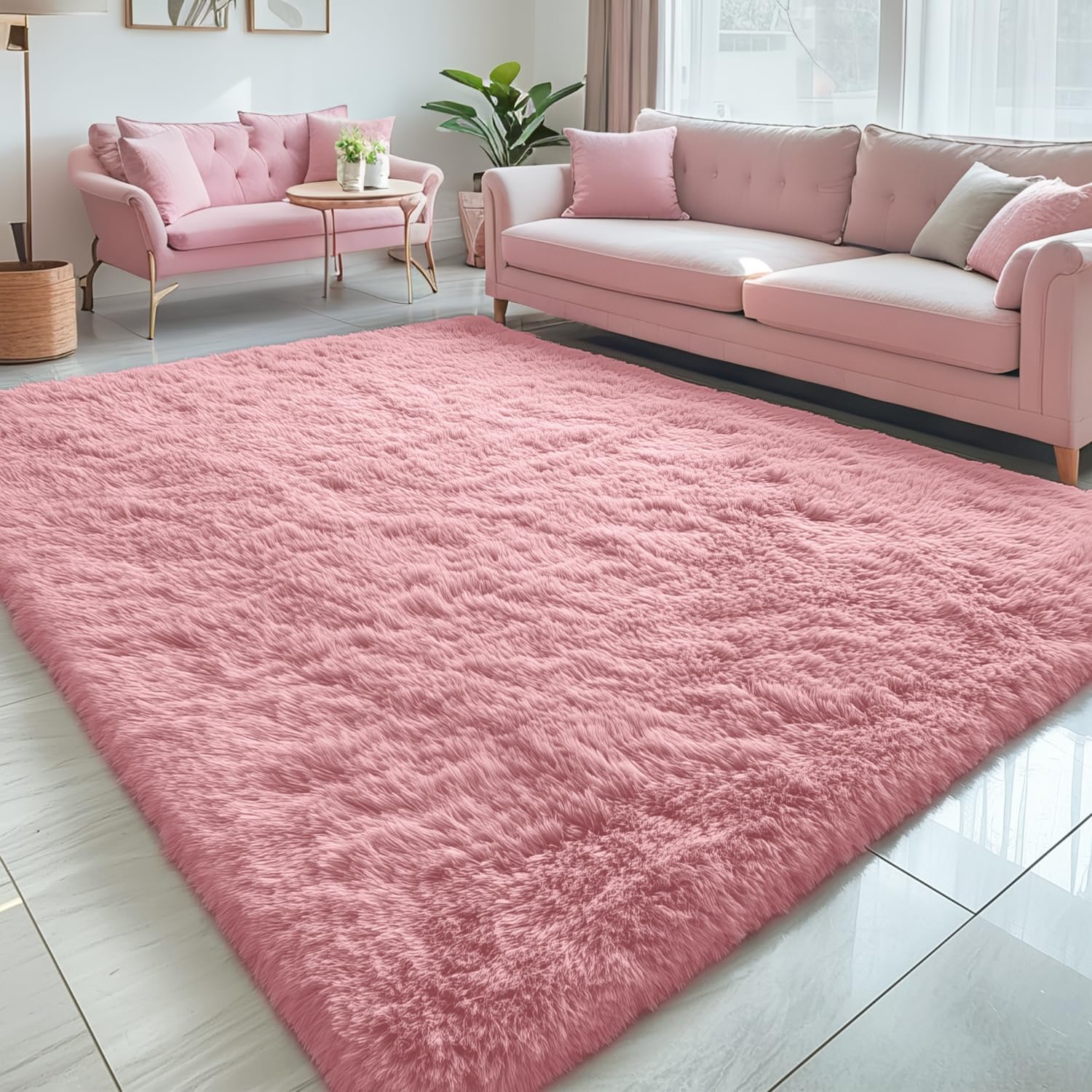 OLANLY 5x7 Large Area Rug - Soft Fluffy Shaggy Carpet for Living Room & Bedroom | Pale Pink Home Decor