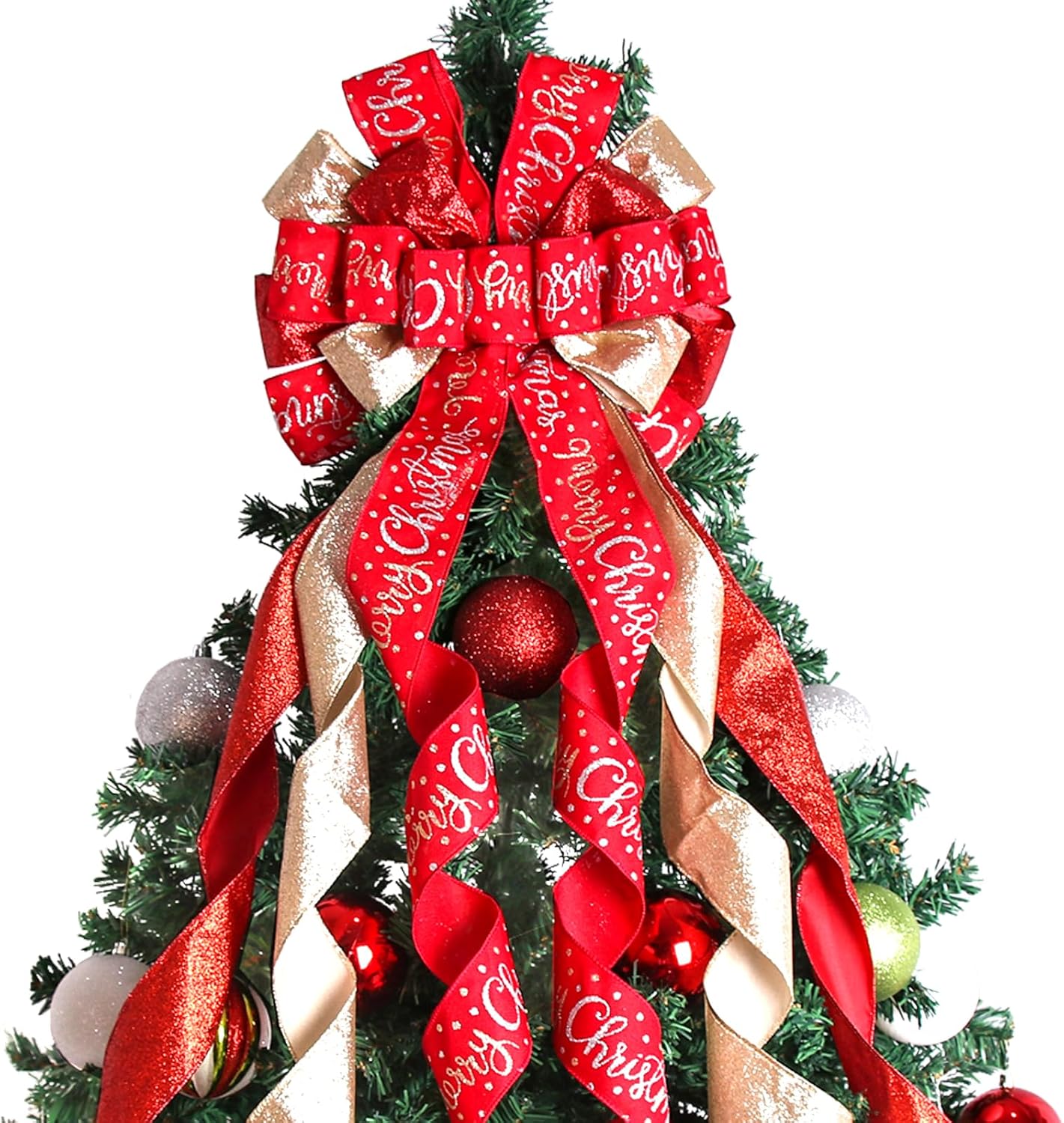 Regine Switzerland Christmas Tree Topper - Large 45"x12" Rustic Red Bow with Letter Pattern for Holiday Decor