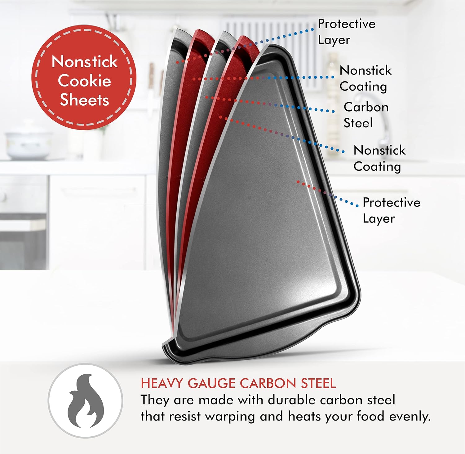 Perlli Non-Stick Baking Sheets - 3-Piece Carbon Steel Oven Tray Set (Small, Medium & Large)