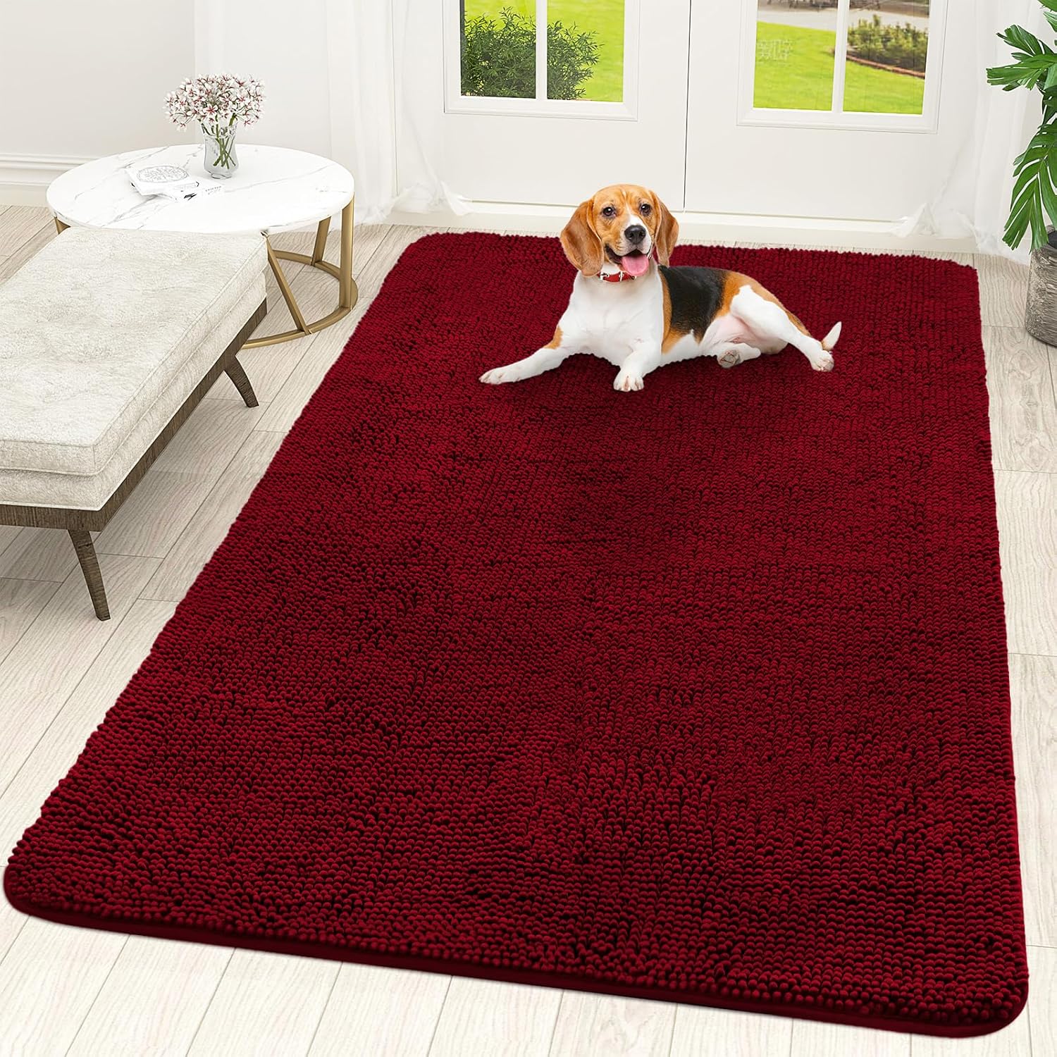 OLANLY Dog Door Mat - Absorbent Non-Slip Washable Chenille Mat for Muddy Paws | 70x46 Red