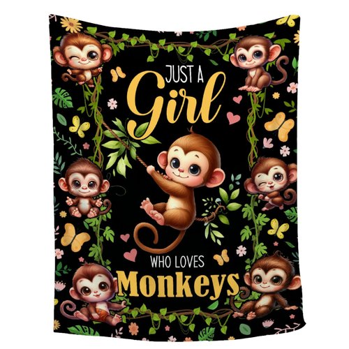 Just A Girl Who Loves Monkeys Blanket for Girls - Ultra Soft,Breathable,Comfortable Flannel Throw for Couch, Sofa,Bedroom - Cute Monkey Animal Pattern Home Decor -40"x50"-Kids/Throw Size