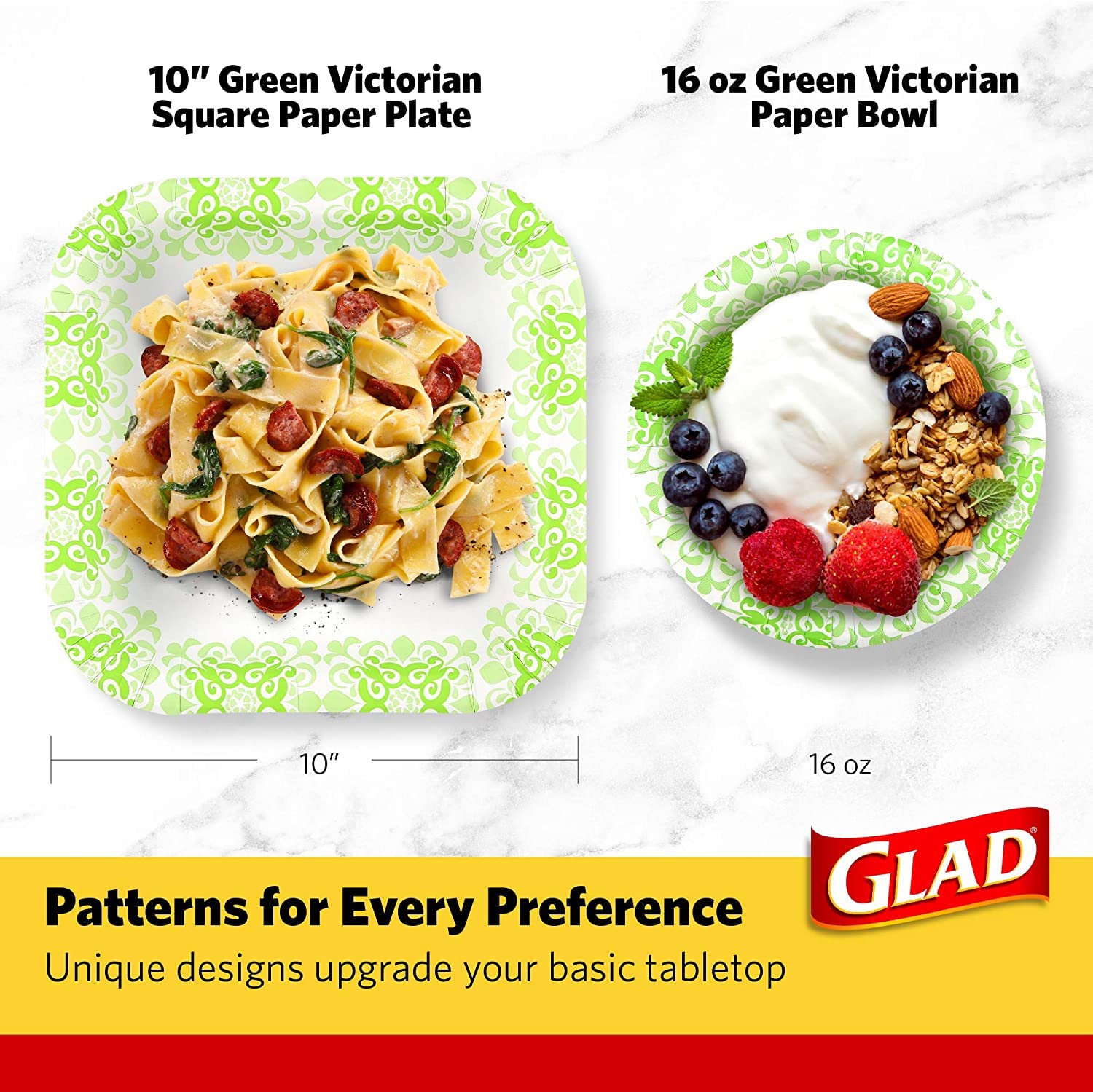 Glad Square Heavy Duty Paper Plates Soak Proof Cut Proof Microwaveable Disposable Plates Parties Everyday Meals Green Victorian Floral Pattern 10 Inch 50 Count 6 Pack Pantry Stocking Bulk Value