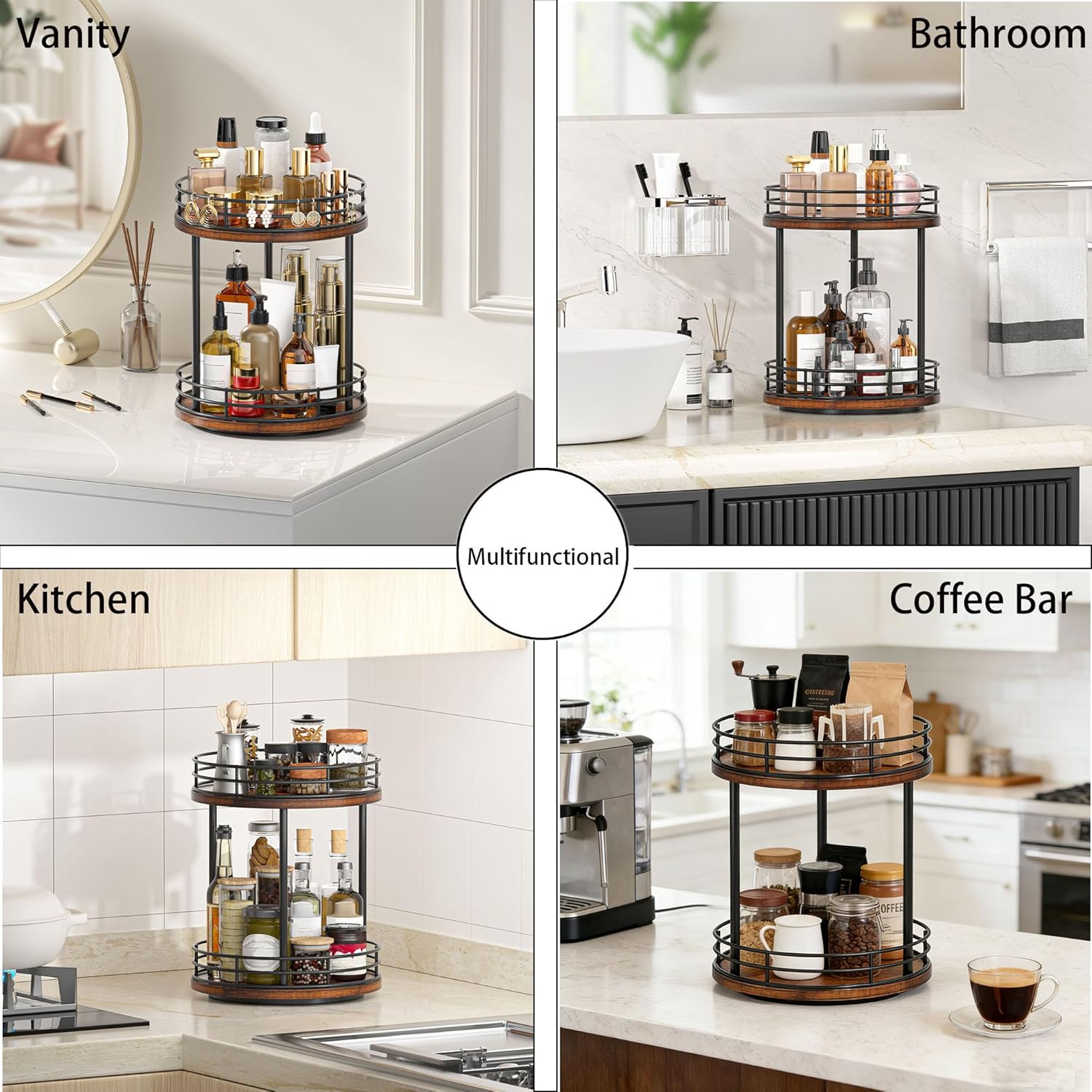 Skiennix 2-Tier Rotating Makeup Organizer - Stylish Wooden Bathroom Countertop Storage | Brown