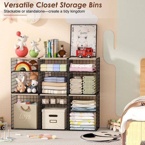 Hencawima 4-Tier Stackable Closet Organizers and Storage, Closet Shelves with Adjustable Dividers & Wood Top Extra Storage, Clothes Storage Basket Bins for Wardrobe, Closet Organizer System, Black
