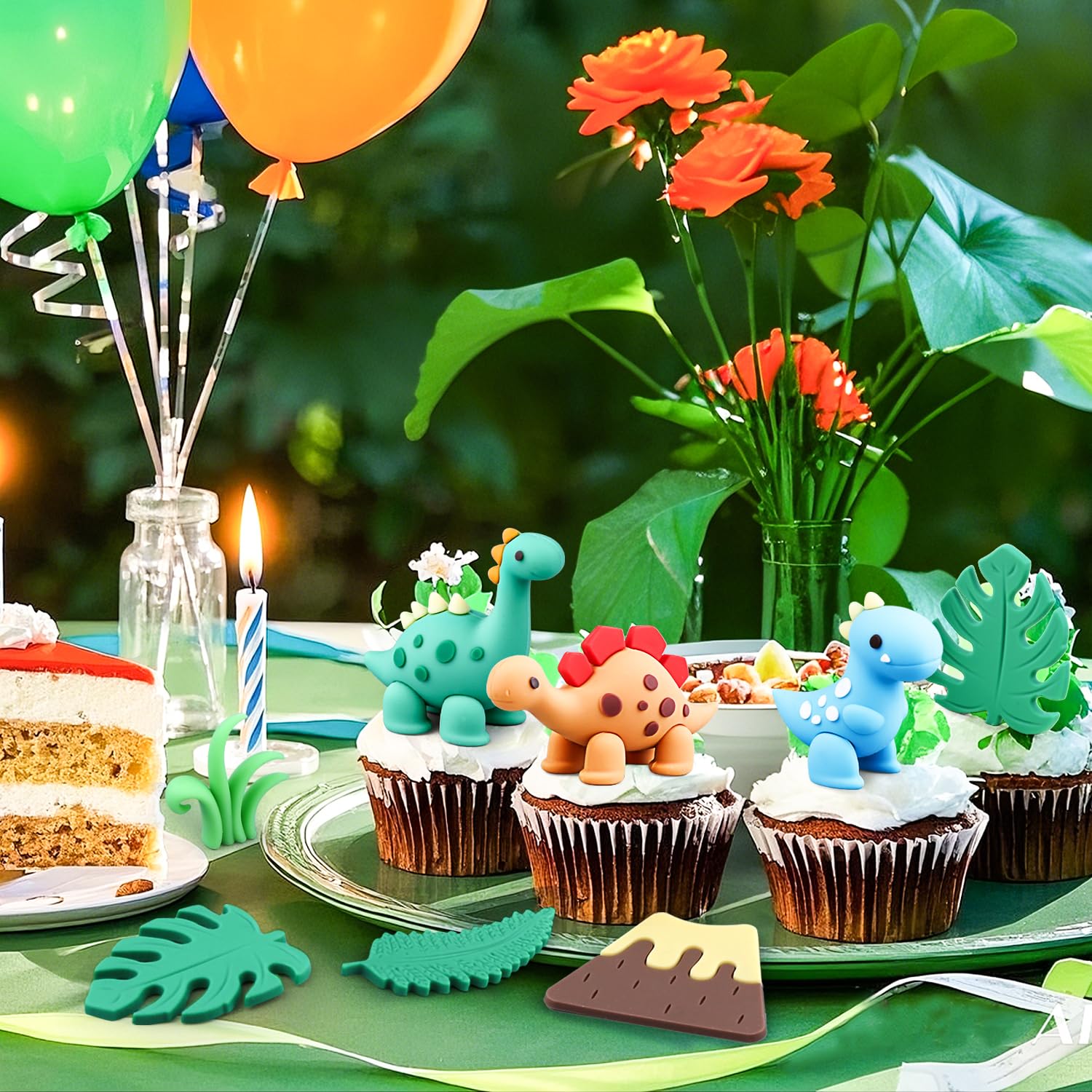 BlingABC 15PCS Cartoon Dinosaur Cake Toppers, Cute Dino Egg Leaves Grass Volcano Cake Decorations for Kids Birthday Baby Shower Dinosaur Animal Theme Party Supplies