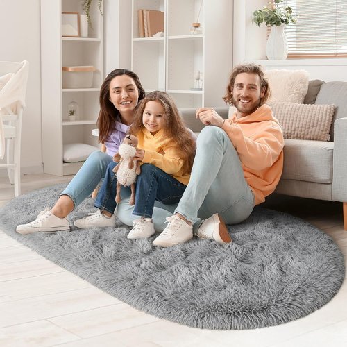 LOCHAS Gray Fluffy Shaggy Area Rug - Soft Oval Throw Rug for Bedroom & Nursery | 2.6' x 5.3'