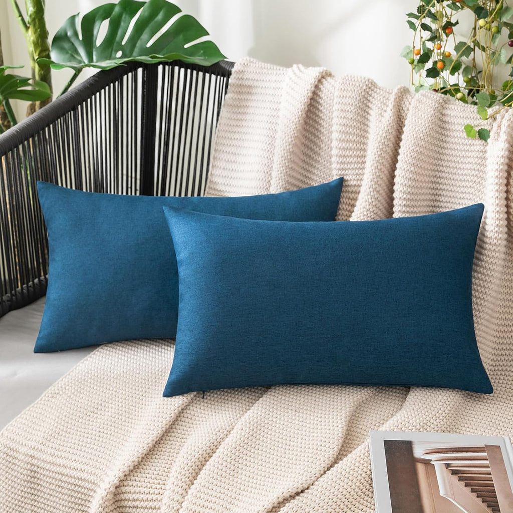 MIULEE Decorative Outdoor Throw Pillow Covers - Waterproof Faux Linen Cushion Cases | 20x12 Inch Blue (Pack of 2)