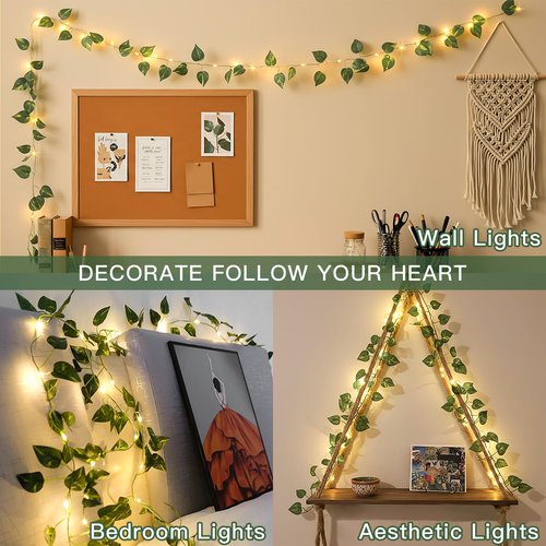 suddus Vines with Lights Battery Operated, 20 LED 6.56FT Fairy Lights Leaves with Timer, Pothos Vines String Lights for Bedroom,Dorm, Wall, Garden, Party, Christmas, Wedding Decor (Warm White)