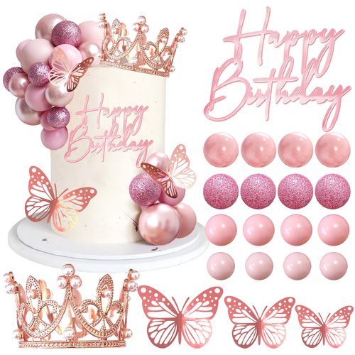 Balls Cake Toppers Happy Birthday Crown Tiara Cake Toppers for Birthday Wedding Baby Shower Party Decorations (Rose Gold Pink)