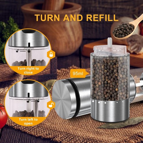 EIHO Electric Salt and Pepper Grinder Set - USB Rechargeable, Adjustable Coarseness, Stainless Steel with LED Light