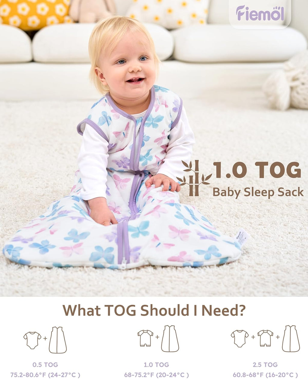 Rayon Made from Bamboo Baby Sleep Sack - Soft 1.0 Tog Wearable Blanket for Infants | 6-12 Months, 2-Pack, Purple Butterfly