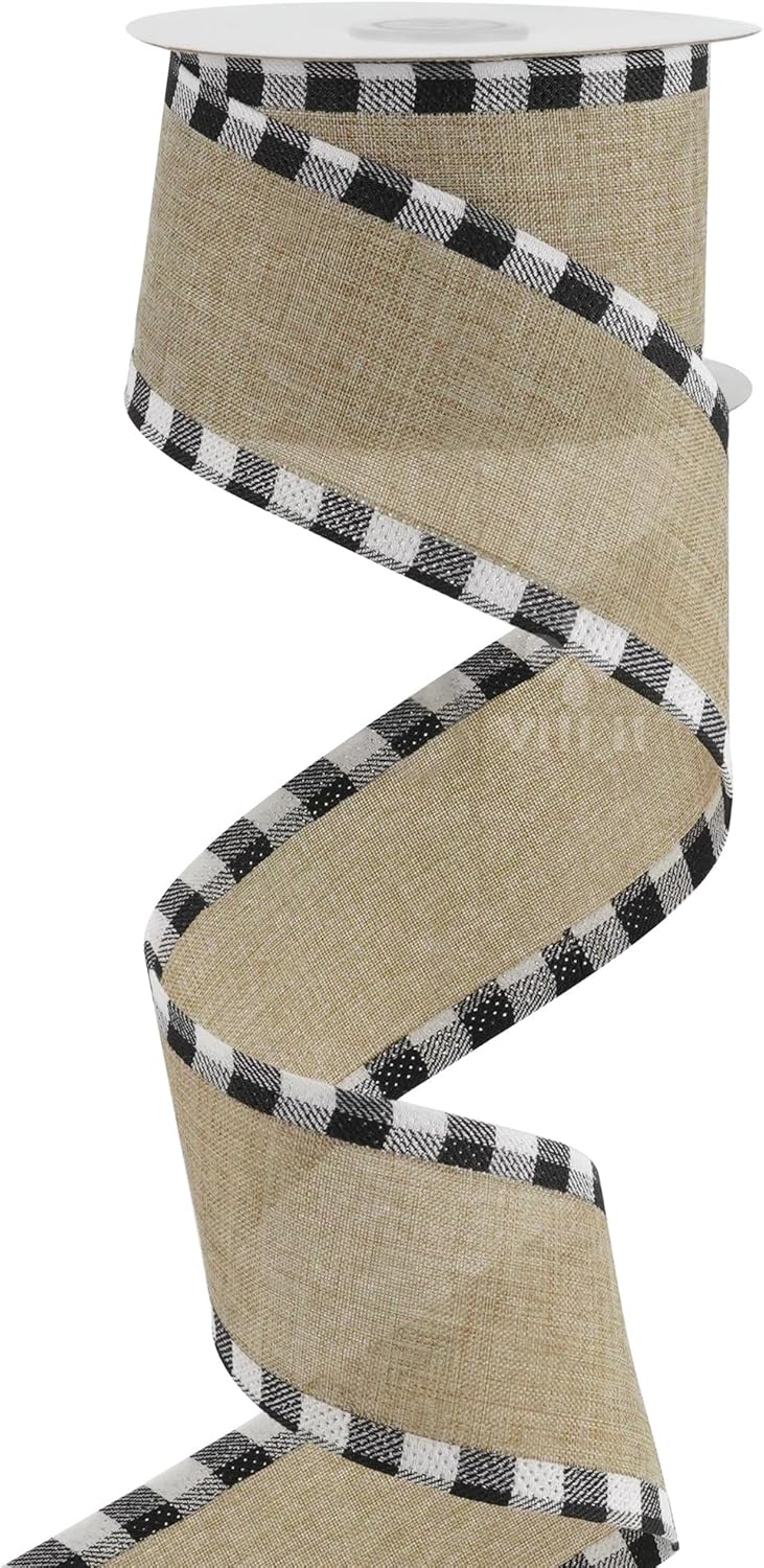 MEEDEE Burlap Christmas Ribbon - Wired 2.5 Inch Plaid with Black & White Edging | 10 Yards for Trees & Wreaths