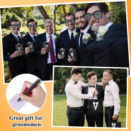 Layhit 80 Pcs Groomsmen Gifts Set of 8, Groomsmen Proposal Gift Set, 8 Flask and 16 Stainless Steel Shot Glass 8 Wood Bottle Opener 8 Pen 8 Sunglasses with 8 Card 8 Box 8 Bag for Wedding Party