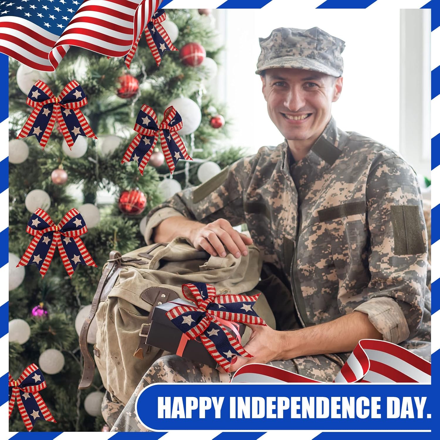 Skiennix 12 Pcs 4th of July Bows - Large Patriotic Burlap Decor for Independence Day | Red, White & Blue