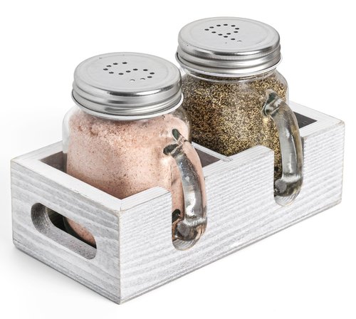 Mason Jar Salt and Pepper Shakers - Glass Shaker Set with Wood Holder Caddy, Easy to Clean & Refill for Farmhouse Kitchen Table, Home and Gifts (White)