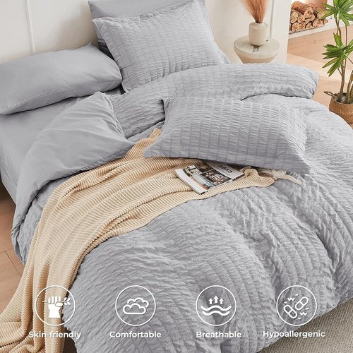 HYMOKEGE King Size Comforter Set - Luxury 7-Piece Seersucker Bedding Set in Light Grey | All-Season Comfort