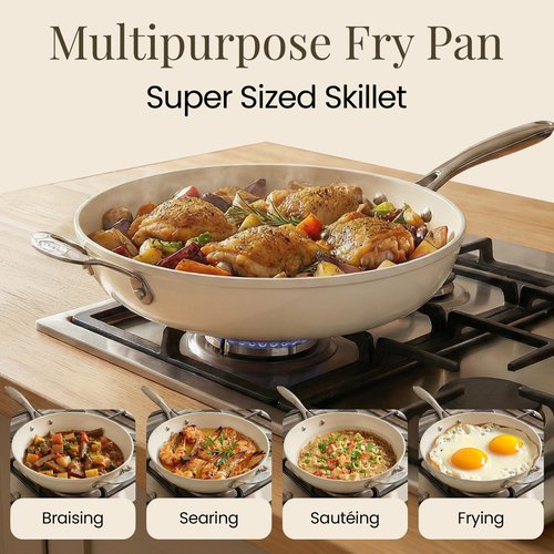 GOTHAM STEEL Cream 14 Inch Non Stick Frying Pans, Large Family Sized Nonstick Cooking Pan Skillet, Nonstick, 100% PFOA Free Ceramic Coating, Oven and Dishwasher Safe, Cream White