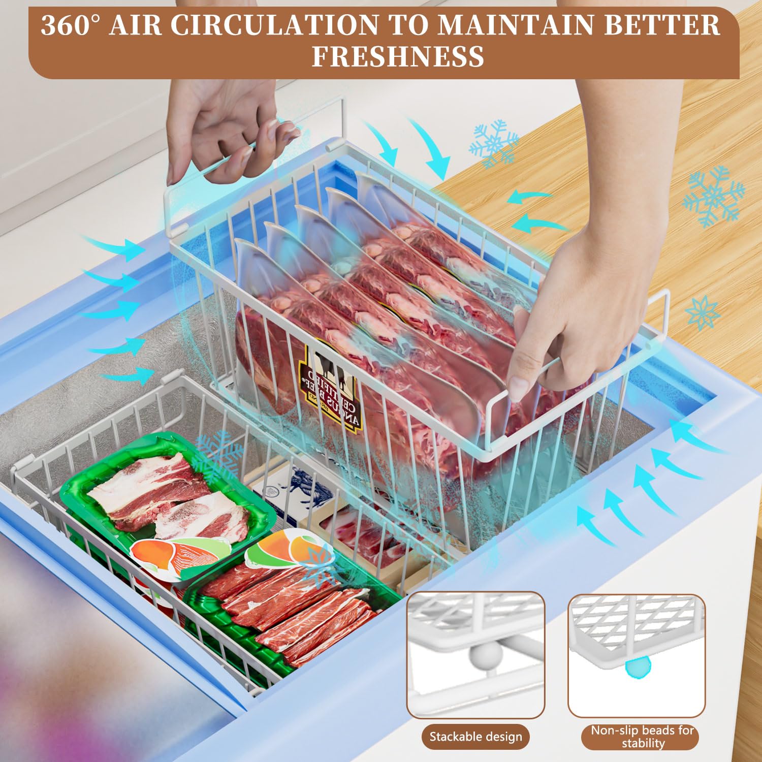 ANJUBAN Enhanced Leak-Proof Bottom - Freezer Organizer Bins ，4 Pack Stackable Deep Freezer Organizer Bins for 7 Cu.FT Small Chest Freezer，organization and storage，pantry organizers（white）