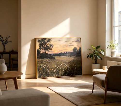 Framed Vintage Farmhouse Canvas Wall Art - Rustic Wildflower Field Landscape Painting 16x24
