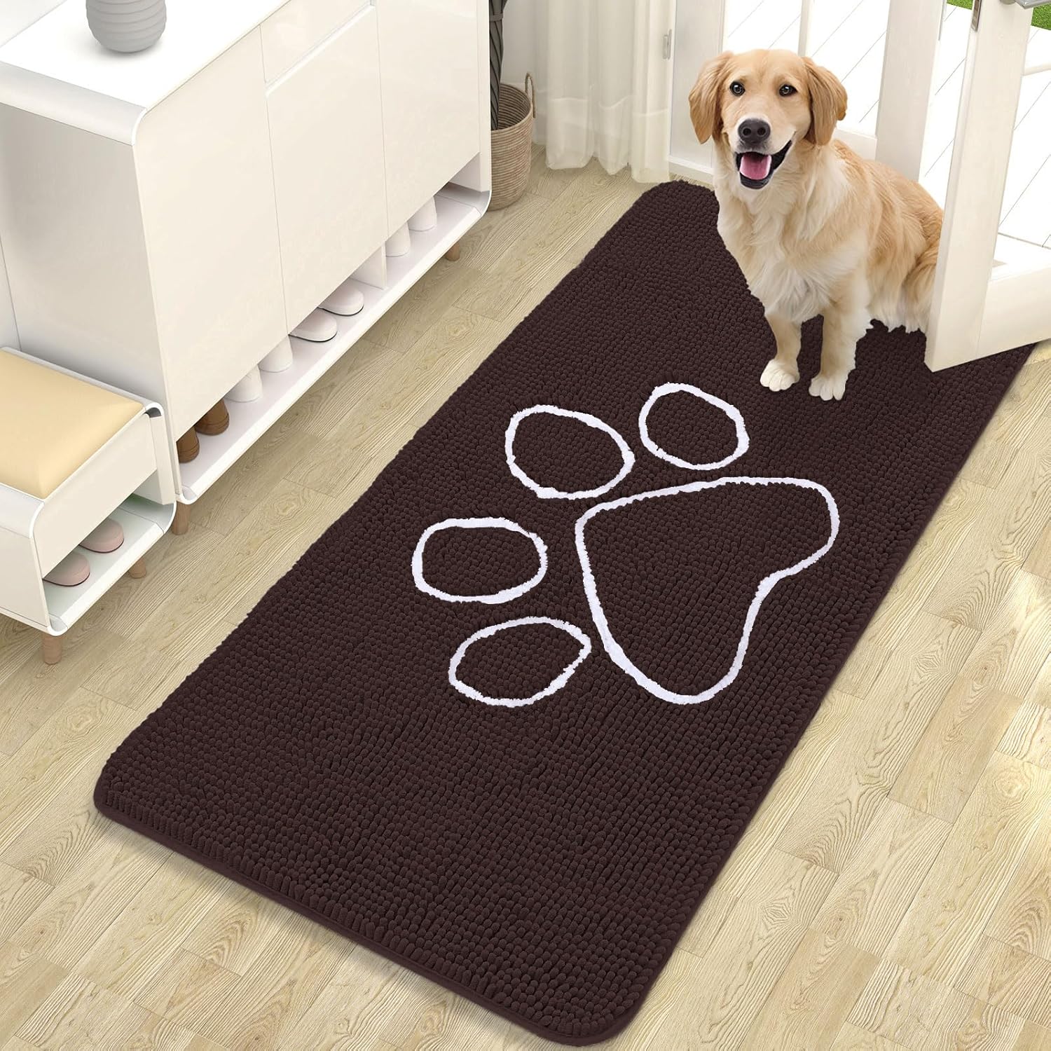 OLANLY Dog Door Mat - Absorbent Non-Slip Mud Mat for Paws | 47x24 Inches, Quick Dry Chenille, Brown