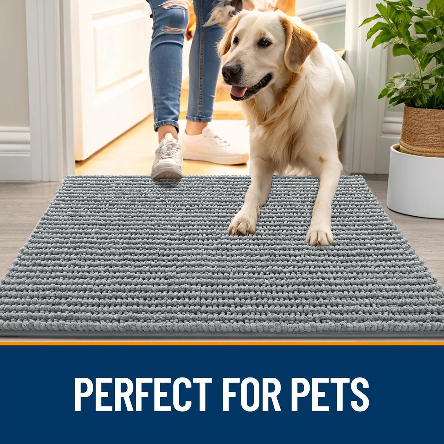 OLANLY Dog Door Mat - Ultra Absorbent Chenille Mud Doormat, Non-Slip & Washable, 47x24, Grey