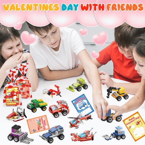 Lukfuu 24 Pack Valentines Day Gifts For Kids Classroom, Vehicles Car Building Blocks Toys with Valentines Cards for Kids Boys Girls Classroom Exchange School Rewards Party Favors Gifts