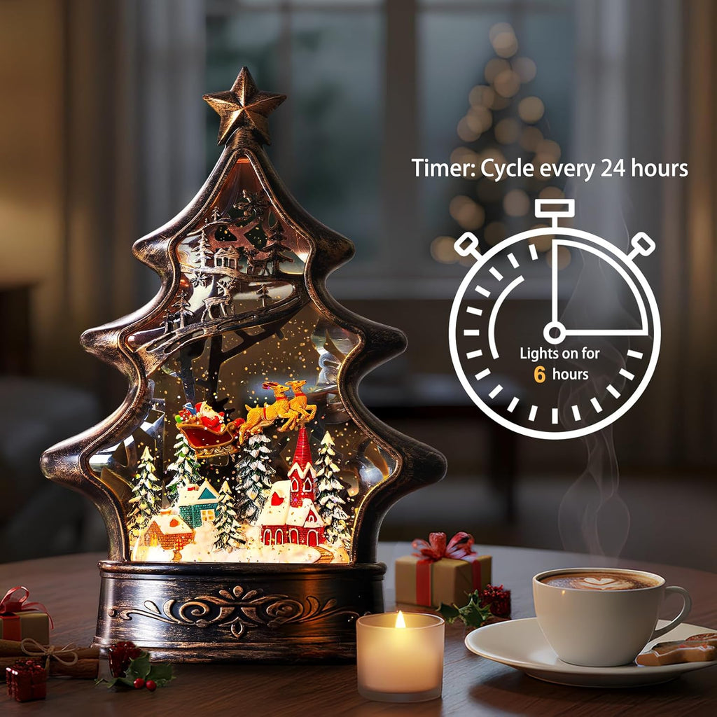 Regine Switzerland Christmas Snow Globe Lantern - Glittering Buildings & Santa's Deer | USB & Battery Operated with Music & Timer