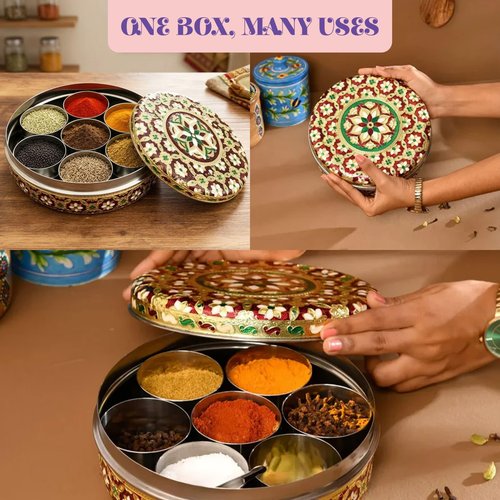 LOVENSPIRE Stainless Steel Meenakari Spice Box Organizer (7 Inch) with 7 Compartments Cups Set - Round Masala Dabba Container with Lid for Kitchen Herbs Storage, Housewarmings & Indian Return Gift