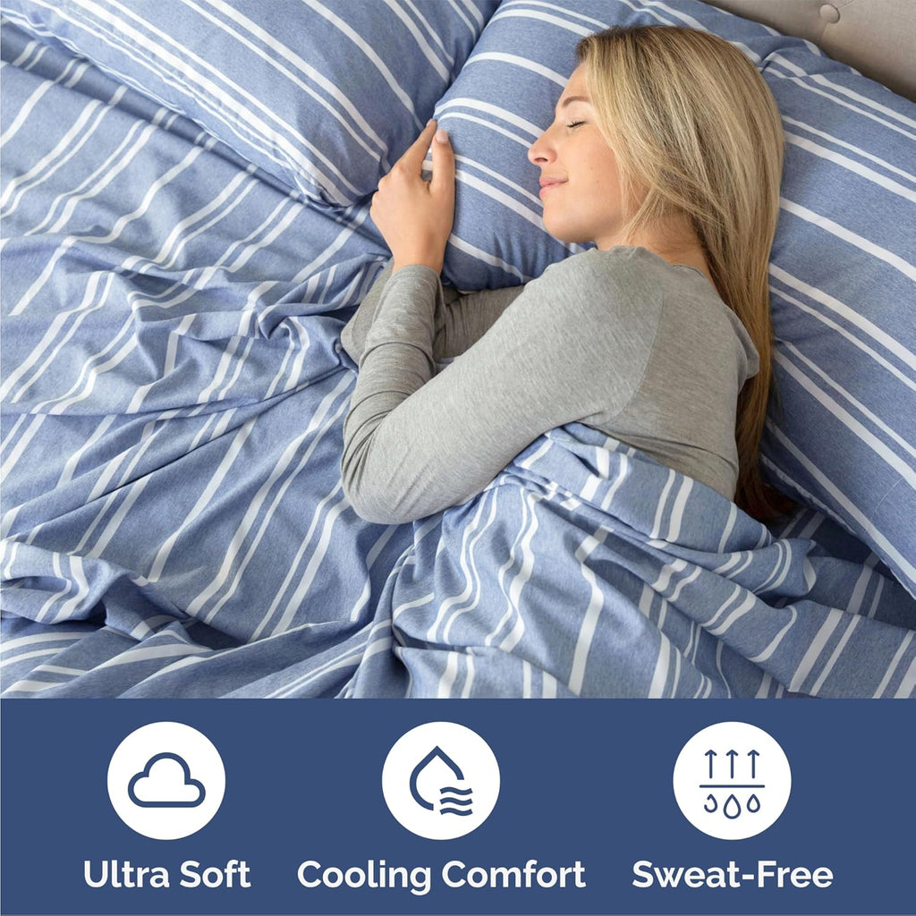 Skiennix Queen Size 4-Piece Sheet Set - Comfy, Breathable & Cooling Bedding - Deep Pockets, Soft, Wrinkle-Free - Blue Stripes