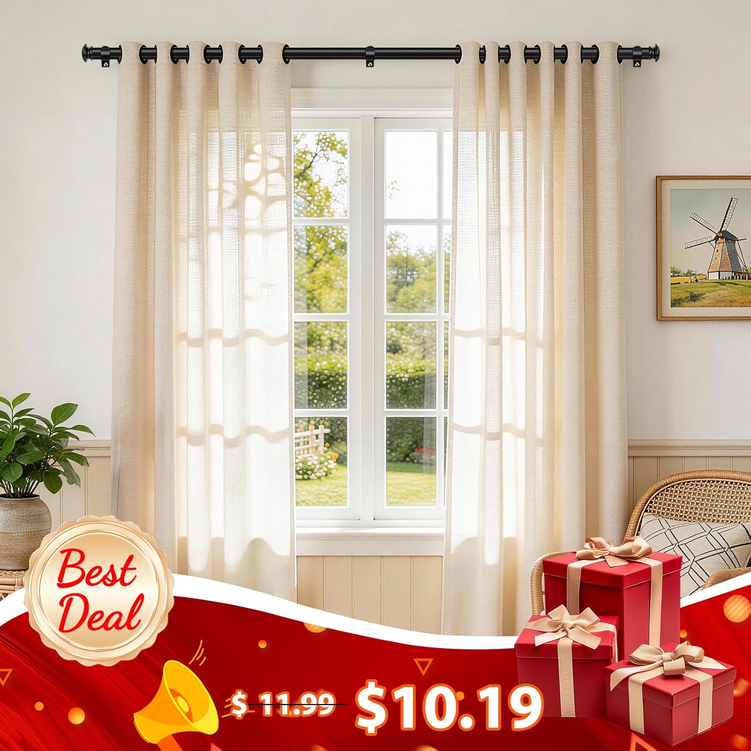 TONIAL Curtain Rod - Telescoping 3/4" Drapery Rod for Windows 20-53 Inch | Black Finish, Decorative Design