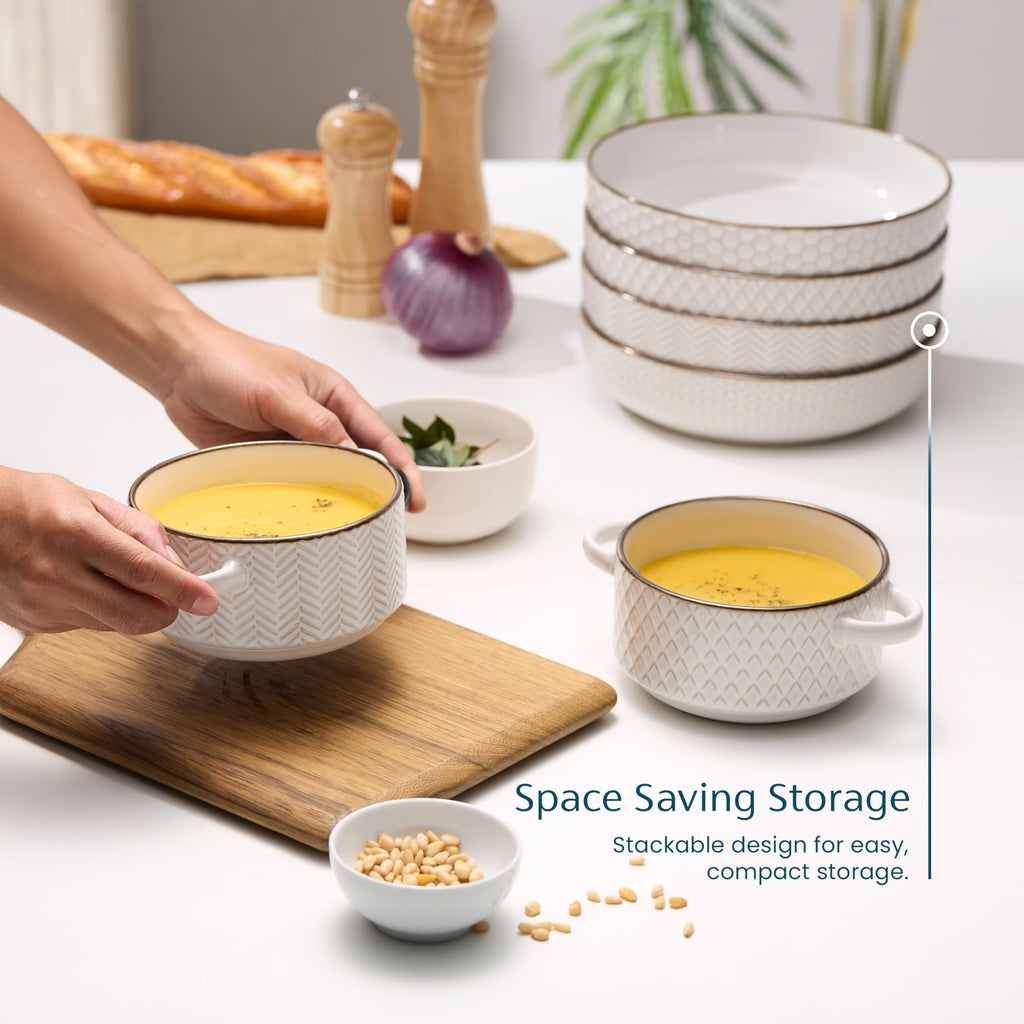 KooK Pasta Bowls, Ceramic, Embossed Serving Bowls For Stews and Salads, Large Capacity, Microwave & Dishwasher Safe, Ivory with Dark Copper Accents, Set of 4, 40 oz, Narbonne Collection