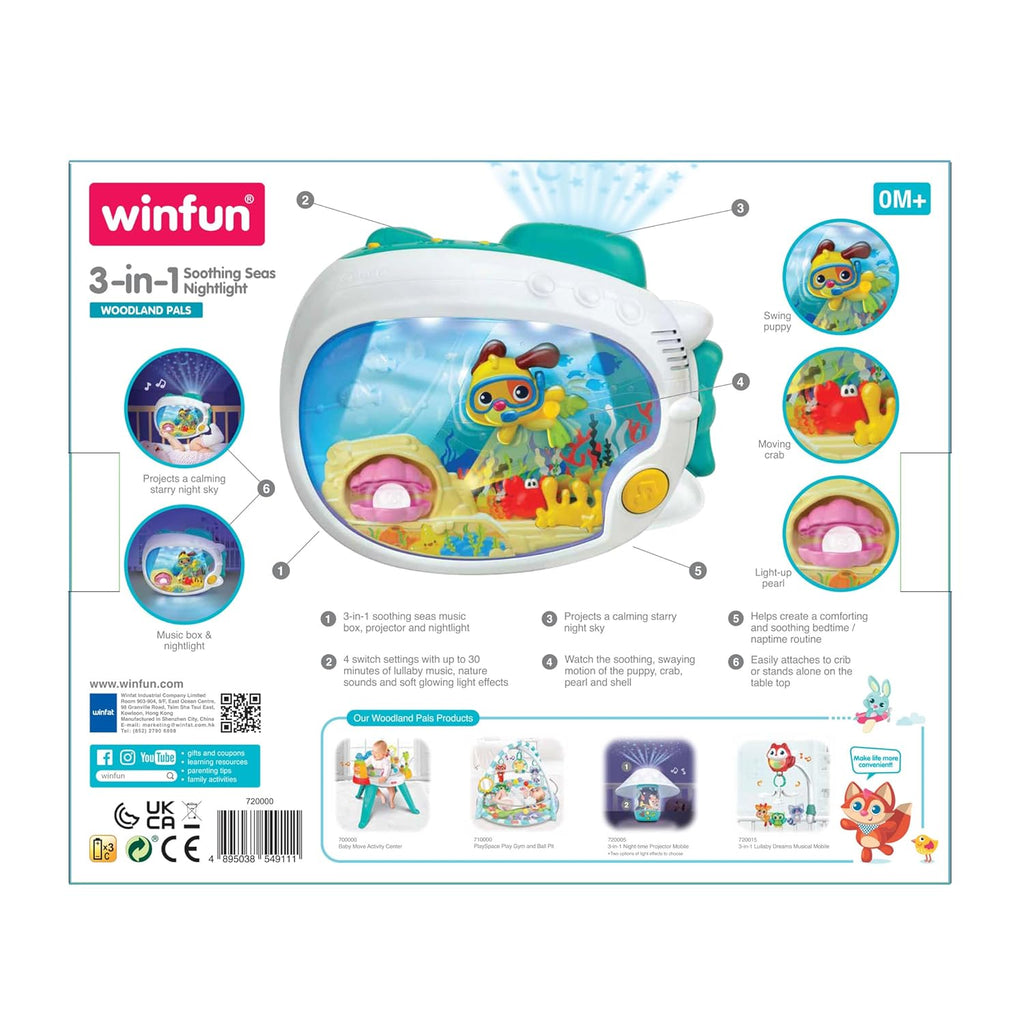 Winfun 3-in-1 Soothing Seas Nightlight - Musical Projector with Soft Glow & Calming Lullabies for Babies