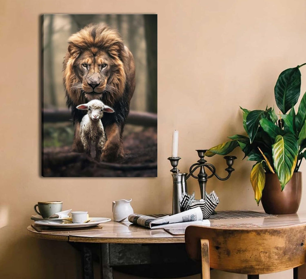 Skiennix Framed Lion and Lamb Canvas Wall Art - Christian Jesus Poster for Living Room & Bedroom Decor