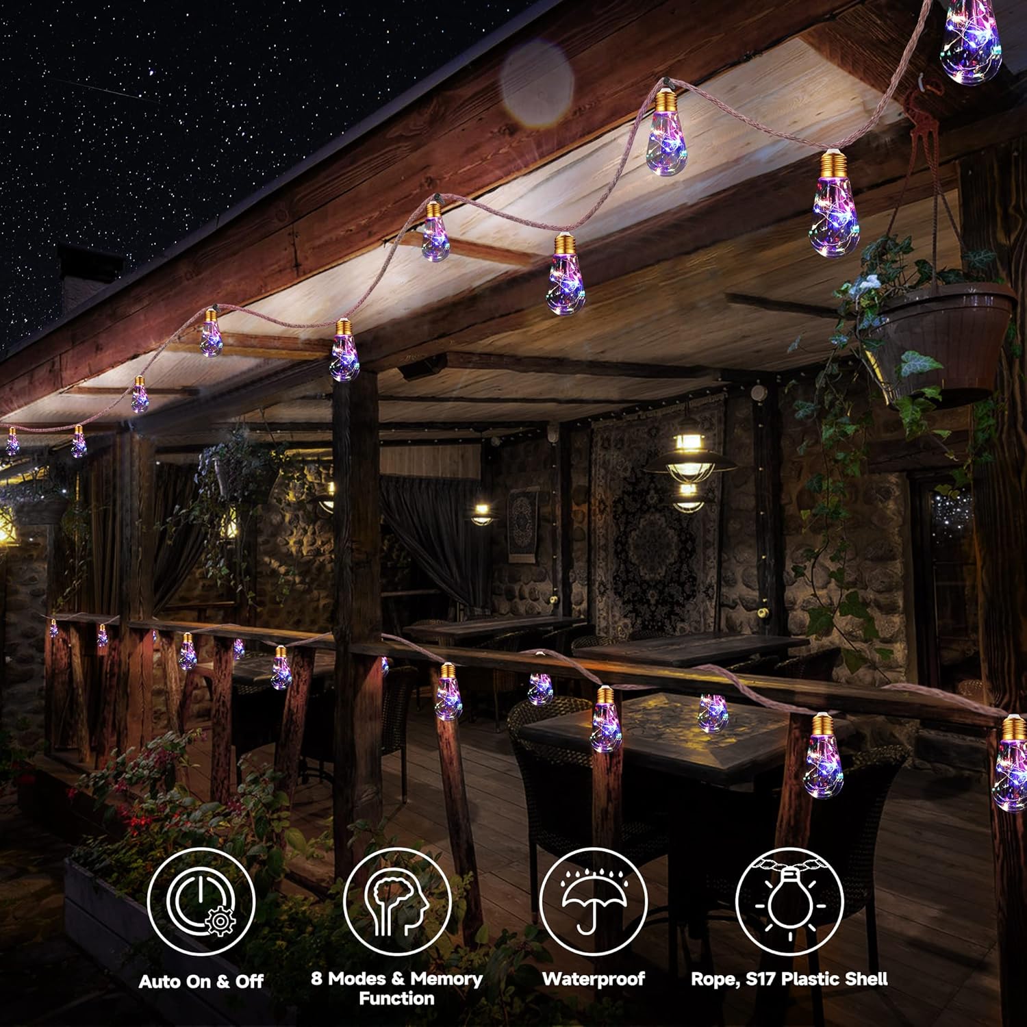 Solar Outdoor String Lights - 20Ft Vintage Rope Hemp | Waterproof Multicolor with 8 Modes & 16 Shatterproof Bulbs