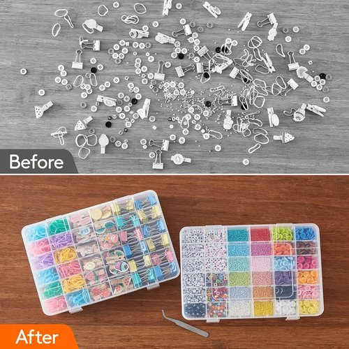Lifewit 36-Grids Clear Plastic Organizer Box - Stackable Storage with Adjustable Dividers & Labels | 2-Pack for Crafts, Jewelry & More