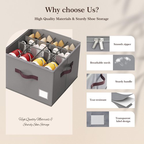 Criusia Shoe Organizer for Closet, 2 Pack Shoe Organizer with Transparent Cover and Sturdy Handles, Closet Shoe Storage for Sneakers Sandals Slippers, Fit 12-16 Pairs, Gray