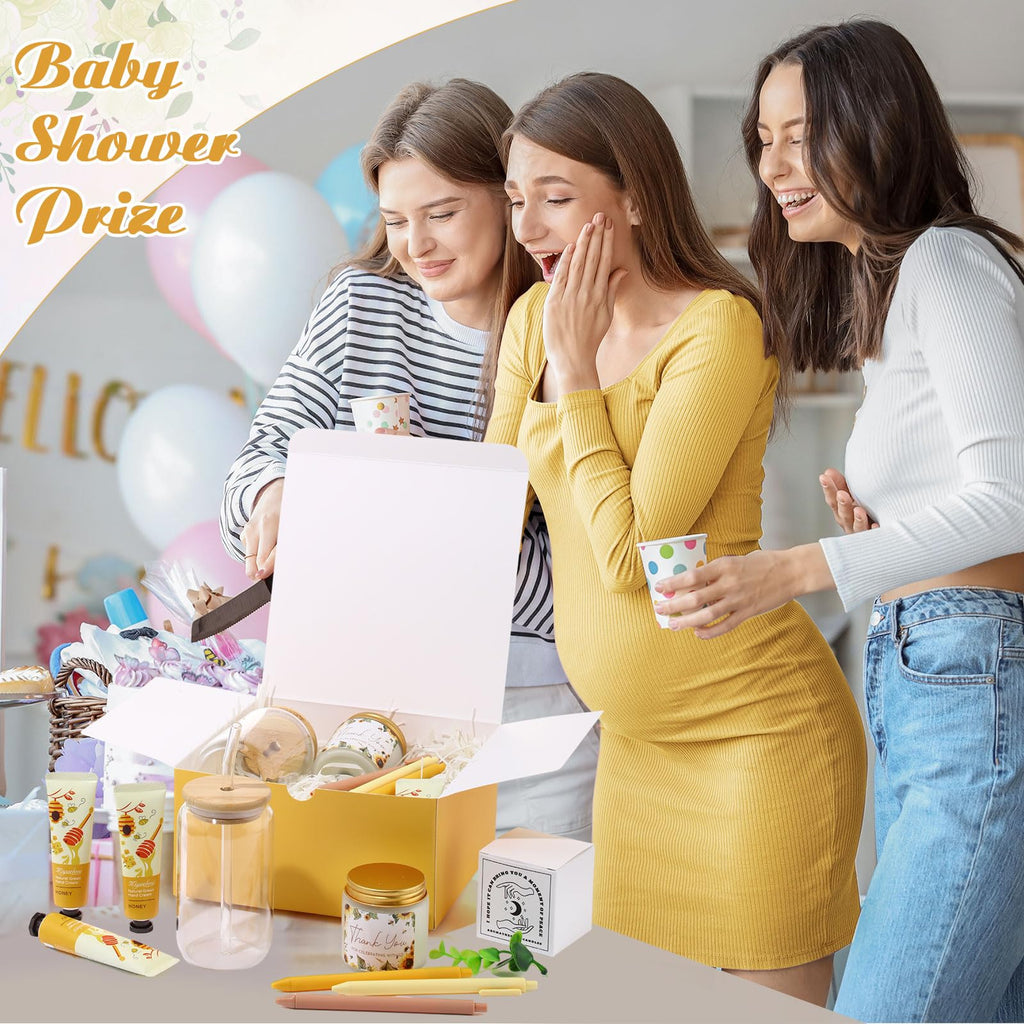 Reallnaive 6 Sets Baby Shower Prizes for Game Winners, Baby Shower Favors Including Glass Cup Scented Candles Hand Cream Pens Gift Box with Raffia for Gender Reveal Wedding Bridal Party Prizes(Yellow)